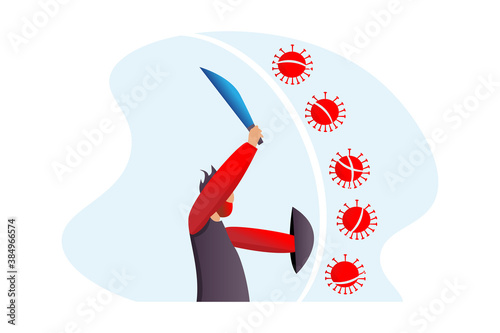 illustration of a man fighting a virus. flat illustration design about covid-19 and new normal. Man in protective medical face masks. men wielding swords and shields
