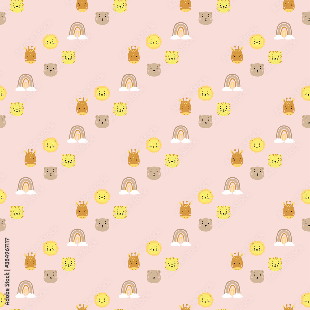 Seamless patterns. Scandinavian style kids collection. Cute animal stickers - giraffe and bear, lion and tiger and rainbow with clouds on a pink background. For design, textiles, packaging. Vector Seamless patterns. Scandinavian style kids collection. Cute animal stickers - giraffe and bear, lion and tiger and rainbow with clouds on a pink background. For design, textiles, packaging. Vector