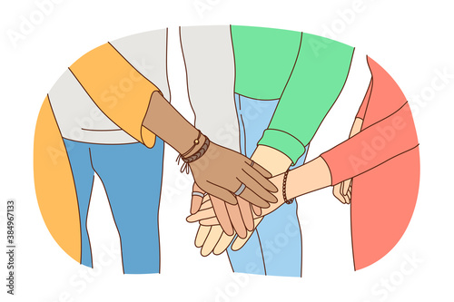 Friendship, business, teamwork, leadership, partnership concept. Group of businesspeople friends team crossing hands in pile for win. Cooperation initiative successful goal achievement illustration.