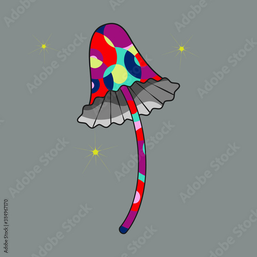 Psilocybin mushroom icon, black silhouette in flat cartoon style, hand drawn psychedelic colored illustration