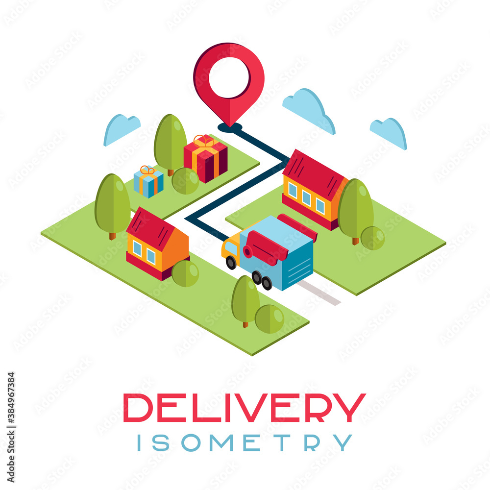 Fototapeta premium Delivery to your home in isometry. A car with wings goes to the geotag. Fast delivery.