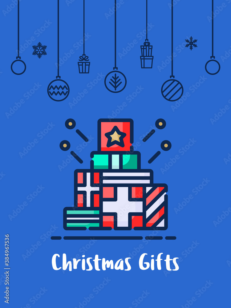 Christmas Gift box icon with christmas ornament elements hanging background