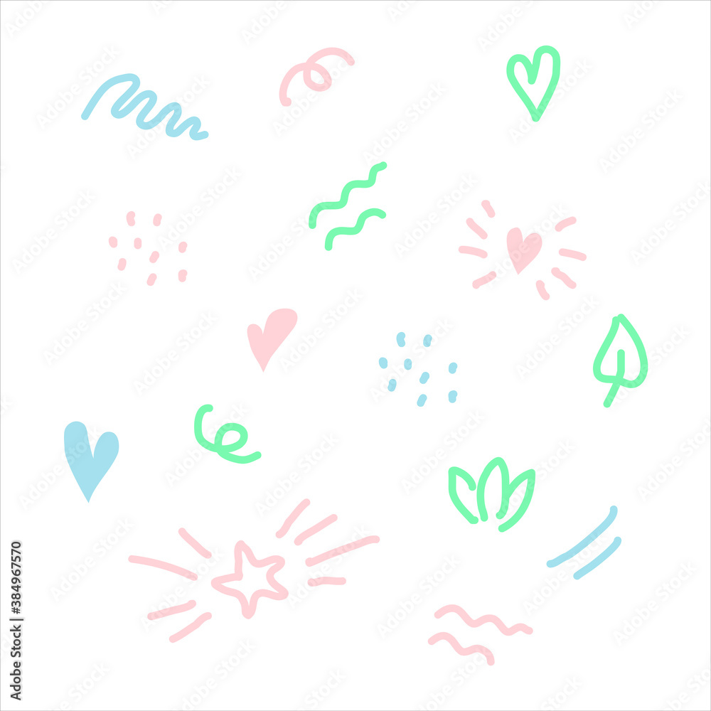 Nice doodle elements wave, dot, star, heart for children overlay set. Baby photo album elements. White isolated background.
Nice doodle elements wave, dot, star, heart for children overlay set. Baby photo album elements. White isolated background.