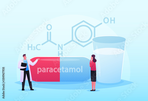 Tiny Doctor and Patient Characters Stand at Huge Formula of Paracetamol Medicament. Pharmaceutical Remedy, Healthcare
