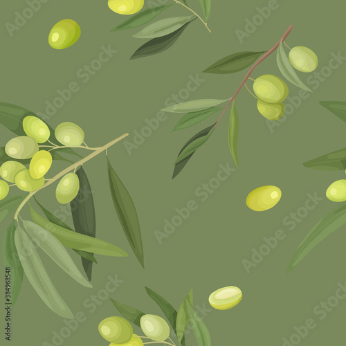 Vector illustration of a seamless pattern of olive branches and fruits in cartoon style on green. Packaging design, wrappers for olive business and olive oil, fabric
