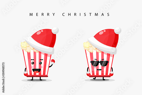 Cute popcorn mascot wearing Christmas hat