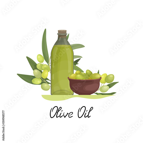 Vector illustration of sticker, label or emblem with a bottle of olive oil and a plate of olives. Packaging or advertising design for olive business and oil