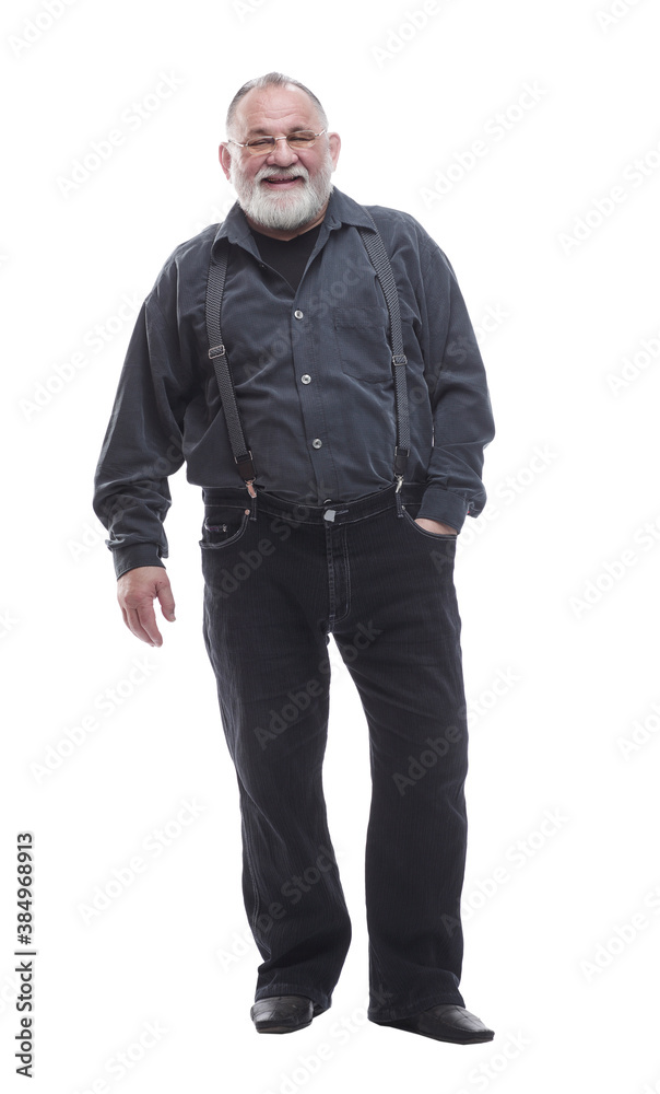 handsome, bearded man in trousers with suspenders. isolated on a white handsome, bearded man in trousers with suspenders. isolated on a white