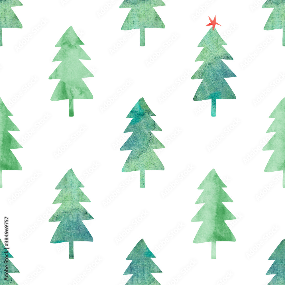 Seamless pattern with watercolor winter forest.