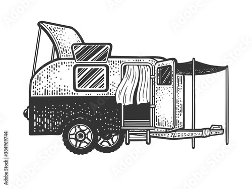 Caravan camper trailer sketch engraving vector illustration. T-shirt apparel print design. Scratch board imitation. Black and white hand drawn image.