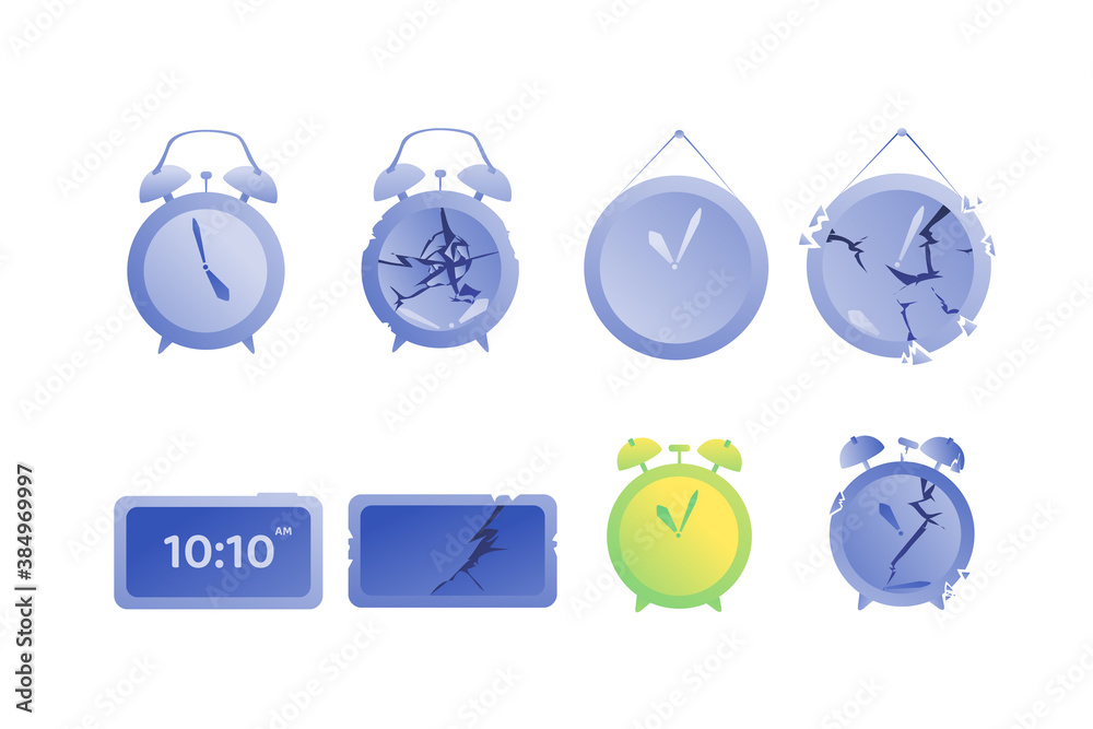 Clock and alarm clocks on a white background, urgent repair of a broken