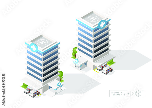 Isometric High Quality City Hospital with Shadows on White Background . Isolated Vector Elements