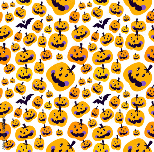 Halloween Pumpkin Seamless Pattern.Jack-o-lantern, Endless Orange Bright Background,Cute Pumpkins,Bats. All Saints Day Banner. Bright Greeting Happy Halloween. Textile Print.Spooky Vector Illustration