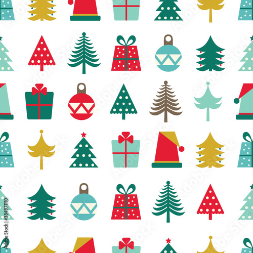 Christmas seamless pattern with Christmas trees  gifts and toys.