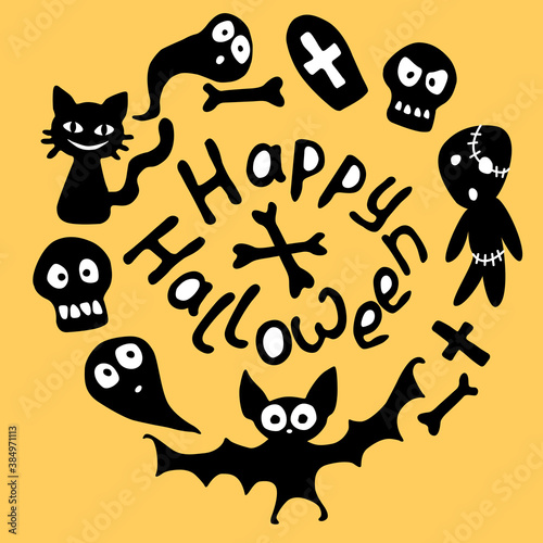 Happy Halloween-lettering and round frame with holiday characters-cat, zombie, bones, skulls, bat, ghosts. Festive border, background or title for greeting card, invitation, party, poster, banner