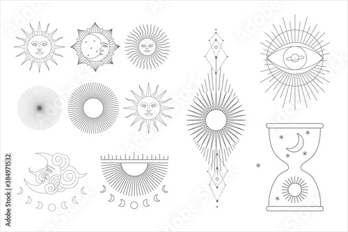 Set of decorative tarot cards. Vintage retro vintage engraving style. the sun, moon phases, crystals, magic symbols. print in the interior and design. vector graphics