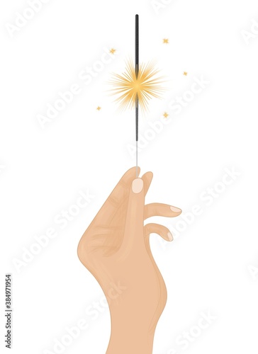 Hand holds a burning sparkler. Vector illustration isolated on white background.