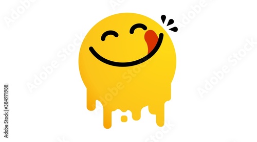 Yummy face happy smile vector cartoon line emoticon with tongue lick mouth. Delicious tasty food eating emoji face on yellow design background Yum icon vector