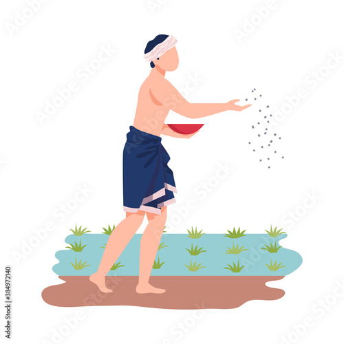 Asian Male Farmer Casting Seeds or Grain in Soil Vector Illustration