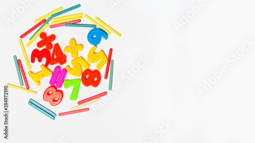 Colorful numbers and counting sticks .for schooling on white background with copy space