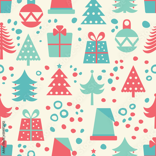Simple Christmas seamless pattern with gift boxes, trees and toys.