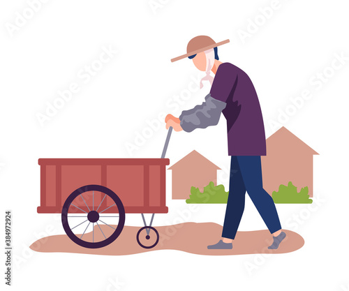 Asian Male Farmer Pushing Hand Barrow or Handcart Vector Illustration
