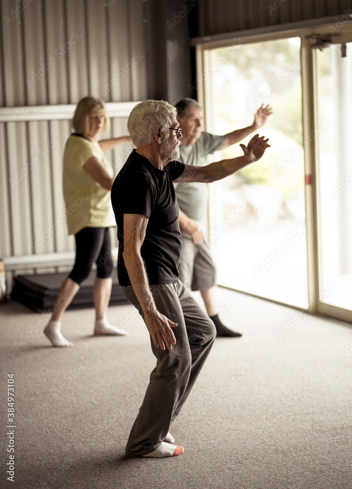 Group of elderly senior people practicing Tai chi class in age care gym facilities. Group of elderly senior people practicing Tai chi class in age care gym facilities.