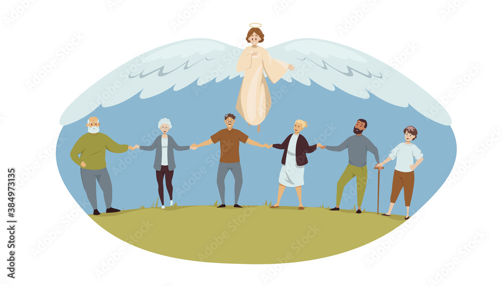 Protection, health, care, support, religion, christianity concept. Angel biblical religious character protects old men women grannies grandfather senior citizens pensioneers. Divine help illustration.