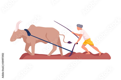 Asian Male Farmer in Turban Plowing Soil Vector Illustration