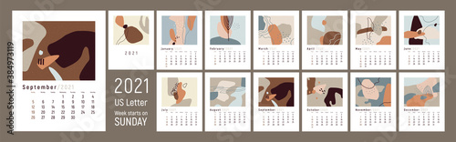 Wall сalendar 2021 design. Abstract vector illustrations. Week starts on Sunday. US Letter format. Monthly Wall Calendar 2021. Editable calender page template. Set of 12 months. Pastel warm colors.