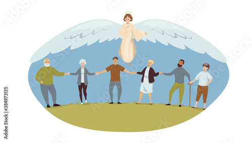 Protection, health, care, support, religion, christianity concept. Angel biblical religious character protects old men women grannies grandfather senior citizens pensioneers. Divine help illustration.