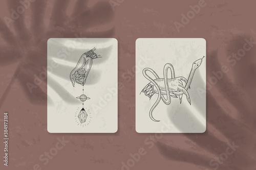Set of decorative tarot cards. Vintage retro vintage engraving style. the sun, moon phases, crystals, magic symbols. print in the interior and design. vector graphics