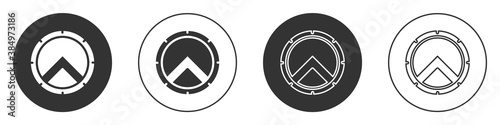 Black Greek shield with greek ornament icon isolated on white background. Circle button. Vector.