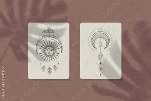 Set of decorative tarot cards. Vintage retro vintage engraving style. the sun, moon phases, crystals, magic symbols. print in the interior and design. vector graphics