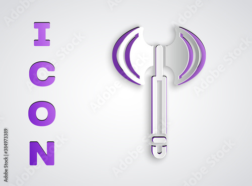 Paper cut Medieval axe icon isolated on grey background. Battle axe, executioner axe. Medieval weapon. Paper art style. Vector.