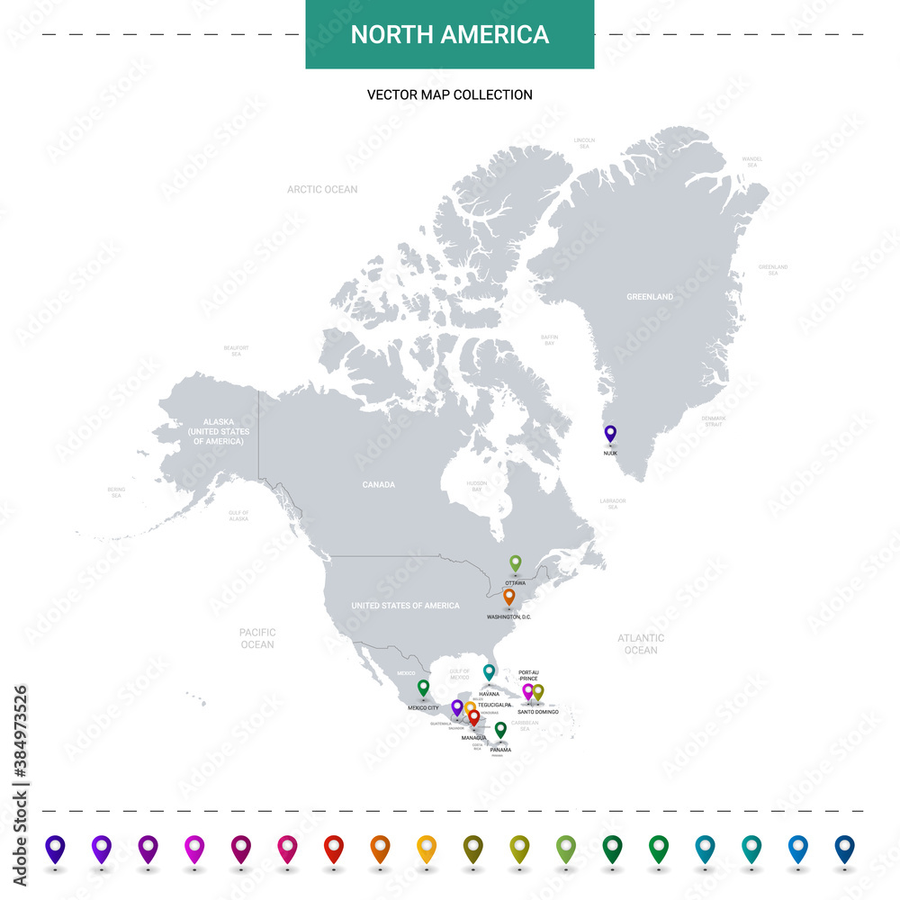 North America map with location pointer marks. Infographic vector template, isolated on white background.