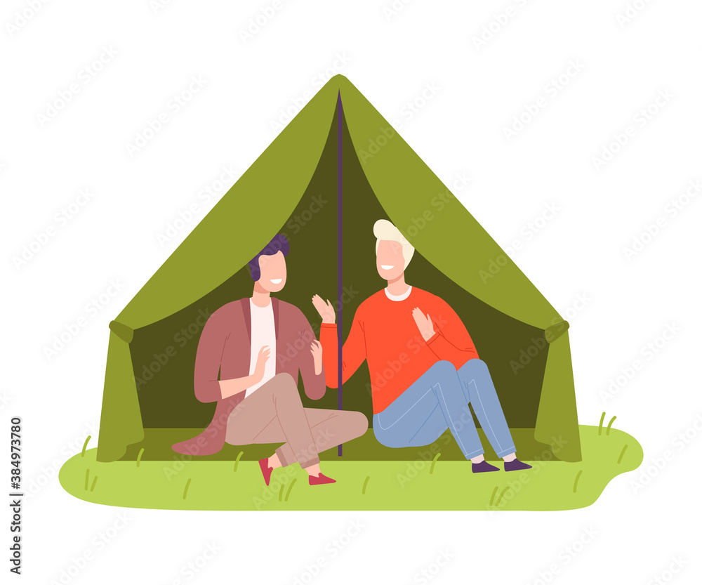 Obraz premium Young Men Camper Sitting Under Tent and Talking Vector Illustration