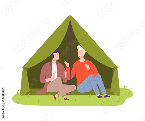 Young Men Camper Sitting Under Tent and Talking Vector Illustration © topvectors