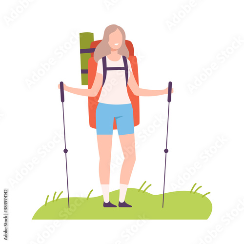 Smiling Woman with Backpack and Trekking Pole Walking Vector Illustration
