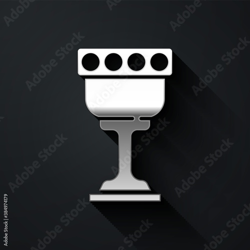 Silver Medieval goblet icon isolated on black background. Holy grail. Long shadow style. Vector.