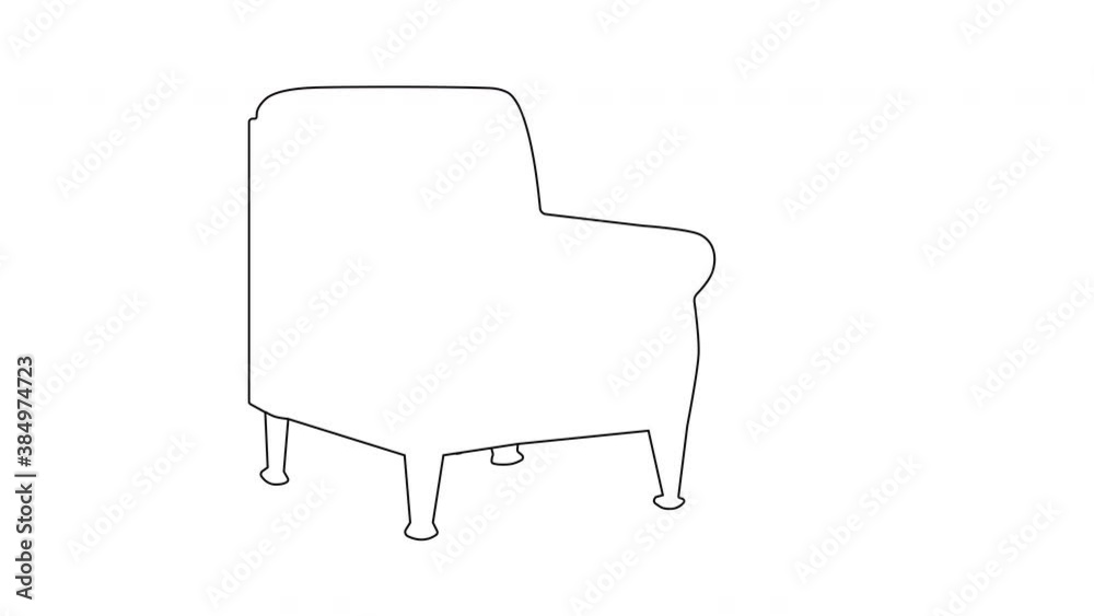 Self drawing animation of cozy style armchair. Furniture. Copy space. White background.