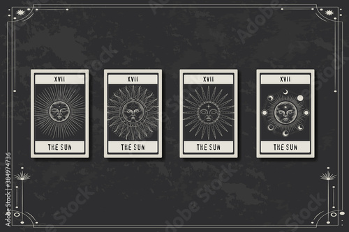 Set of decorative tarot cards. Vintage retro vintage engraving style. the sun, moon phases, crystals, magic symbols. print in the interior and design. vector graphics
