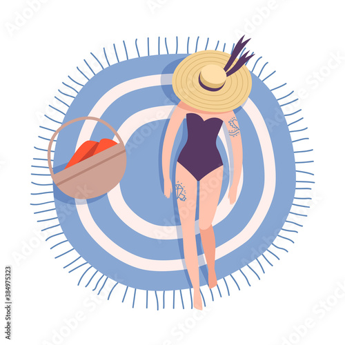 Tattooed Woman in Swimming Suit Lying on Beach Towel Top View Vector Illustration