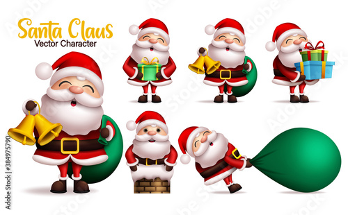 Santa claus vector character set. Santa claus characters in different gift giving pose and gestures isolated in white background for xmas holiday season 3d realistic design. Vector illustration.
 photo