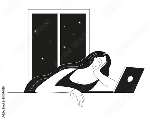 A tired woman sleeps by an open laptop. Vector illustration in outline style on the theme of workaholism and fatigue.