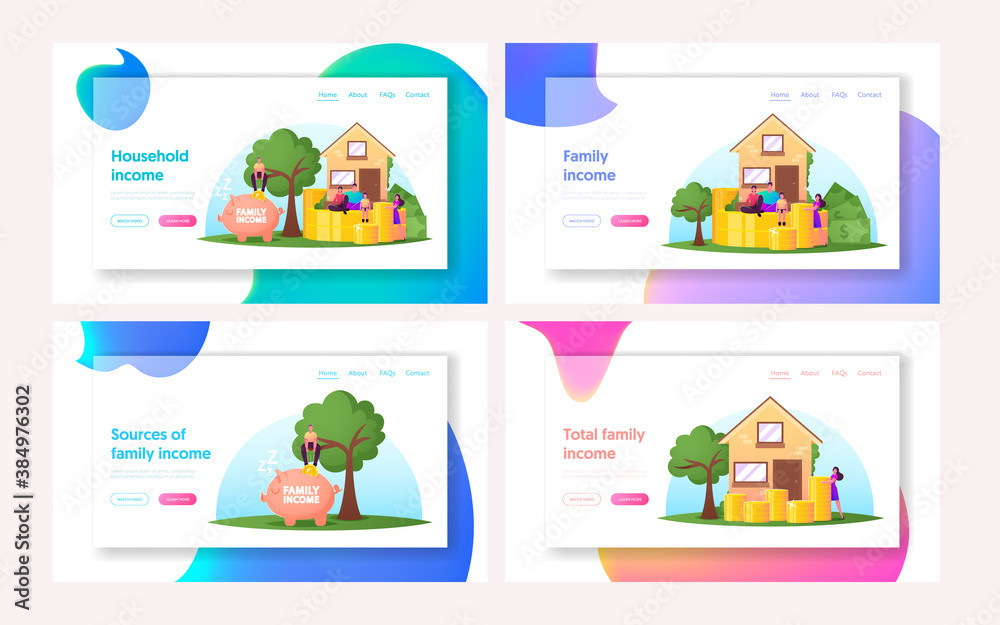 Family Basic Income Landing Page Template Set. Tiny Characters around of Huge House with Piles of Coins and Piggy Bank