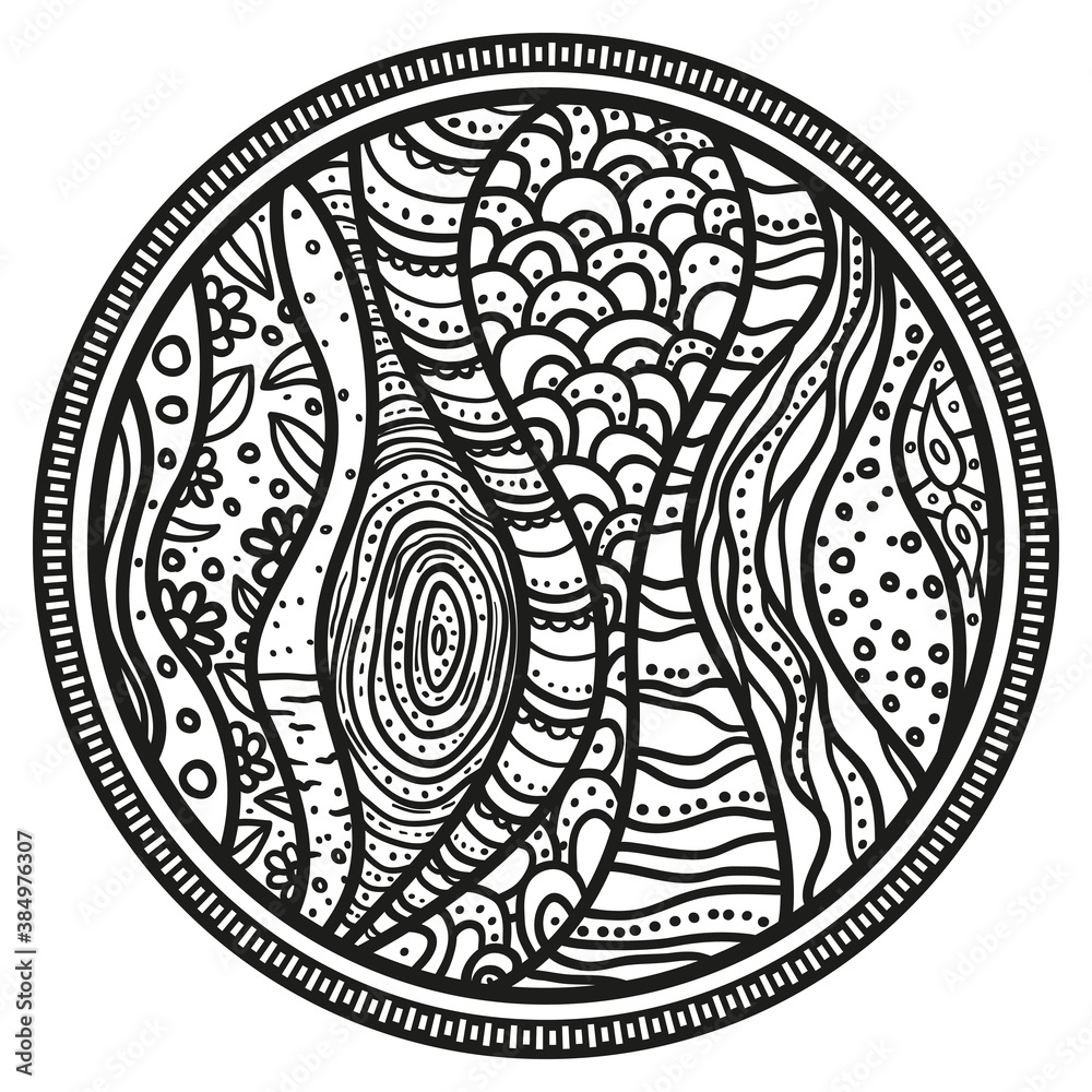 Zendala. Zentangle. Hand drawn circle background. Design for spiritual relaxation for adults. Black and white illustration Zendala. Zentangle. Hand drawn circle background. Design for spiritual relaxation for adults. Black and white illustration