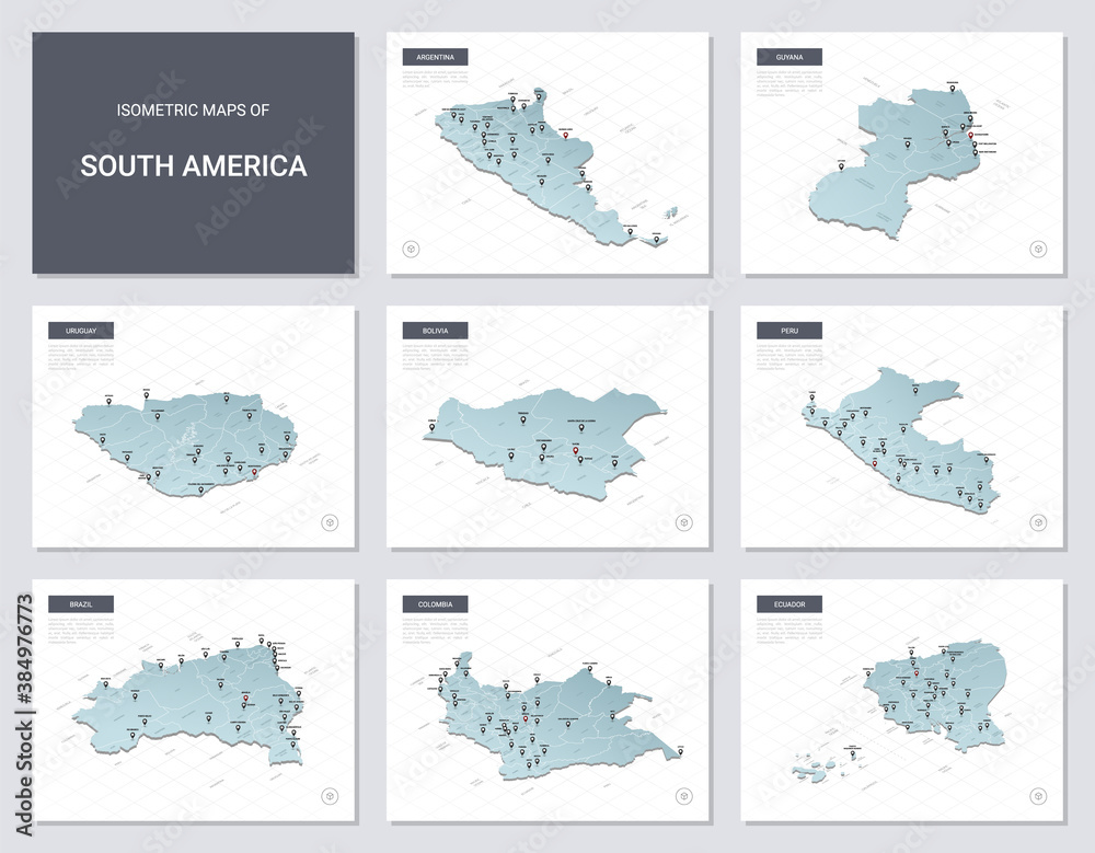 Vector isometric maps set - America continent.  Maps of South American countries with administrative division and cities.