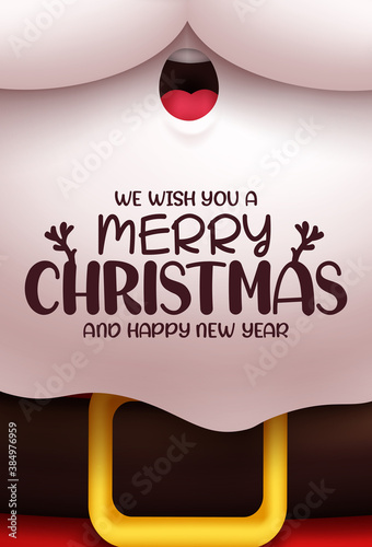 Merry christmas vector concept design. Merry christmas and happy new year text in santa claus character white beard for holiday season poster greeting card. Vector illustration.  
