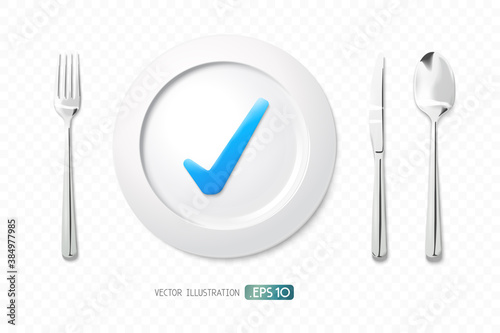 Tableware with fork spoon knife and a check mark on plate shows eat right in life vector illustration graphic EPS 10